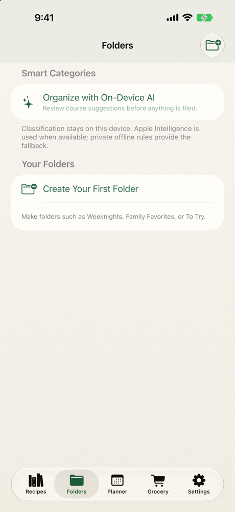 Manual folders and reviewable on-device recipe organization